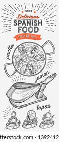 Spanish cuisine illustrations - tapas, paella, jamon,  for restaurant. Vector hand drawn poster for catalan cafe and bar. Design with lettering and doodle vintage graphic.
