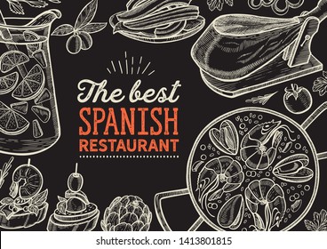 ilustraciones de cocina española - tapas, paella, sangría, jamón, churros, calcots, torron para restaurante. Cartel grabado a mano vectorial para el café y bar catalán. Diseño con letras y gráficos de doodle.
