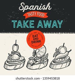 Spanish cuisine illustrations - tapas for restaurant. Vector hand drawn poster for catalan cafe and bar. Design with lettering and doodle vintage graphic.
