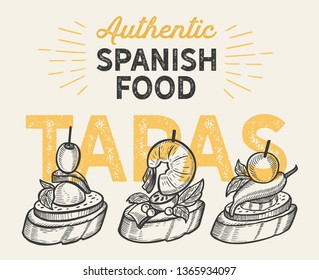 Spanish cuisine illustrations - tapas for restaurant. Vector hand drawn poster for catalan cafe and bar. Design with lettering and doodle vintage graphic.
