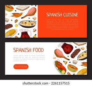 Spanish cuisine landing page templates set. Delicious traditional dishes of Spain horizontal web banners cartoon vector