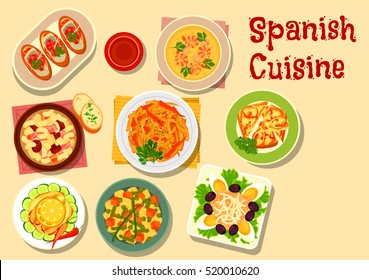 Spanish cuisine lunch icon with onion tapas, fish sandwich, grilled vegetables, shrimp soup, potato bean salad, sardine salad, bean soup with sausage, tuna salad with egg