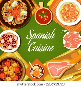 Spanish cuisine meals menu cover page. Seafood paella, Iberian ham and gazpacho, garlic shrimp Gambas al Ajillo, braised octopus Pulpo a la Gallega and Sangria, bean and chorizo sausage stew Fabada