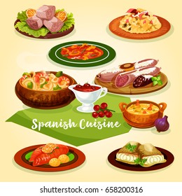 Spanish cuisine meat and fish dishes for dinner menu cartoon icon. Rice with gammon, sausage and ham, seafood noodle, fish and shrimp soup, tuna salad, cod with chilli sauce, trout baked with ham