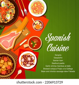 Spanish cuisine menu cover. Iberian ham, garlic shrimp Gambas al Ajillo and seafood paella, gazpacho, braised octopus Pulpo a la Gallegaand Sangria, bean and chorizo sausage stew Fabada