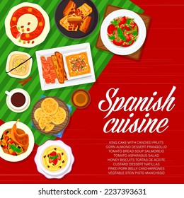 Spanish cuisine menu cover page design. Corn almond dessert Frangollo, stew Pisto Manchego and biscuit Tortas de Aceite, custard dessert Natillas, soup Salmorejo and pork belly Chicharrones, king cake