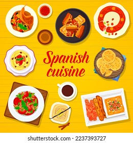 Spanish cuisine menu cover page template. Honey biscuits Tortas de Aceite, King cake and stew Pisto Manchego, dessert Frangollo and Natillas, tomato asparagus salad, soup Salmorejo and Chicharrones