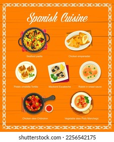 Spanish cuisine menu, food dishes and tapas, Spain meals for lunch and dinner, vector. Spanish restaurant menu of traditional seafood paella and chicken empanadas and potato omelette tortilla