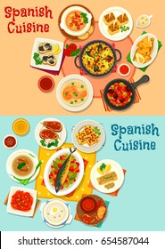 Spanish cuisine menu icon set with seafood paella, fish tapas, baked pepper, tomato and garlic soup, baked fish and meat with vegetables, potato omelette and tortilla, olive sausage stew and meat pie