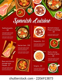 Spanish cuisine menu page design template. Garlic shrimp Gambas al Ajillo, bean and chorizo sausage stew Fabada and seafood paella, gazpacho, Sangria and braised octopus Pulpo a la Gallega, jamon