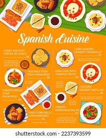 Spanish cuisine menu template. Tomato bread soup Salmorejo, vegetable stew Pisto Manchego and king cake with candied fruits, biscuits Tortas de Aceite, Natillas and Frangollo desserts, Chicharrones