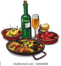 spanish cuisine, paella with appetizers and wine