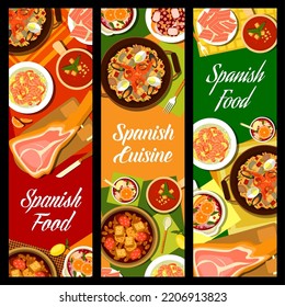 Spanish cuisine restaurant food banners. Garlic shrimp Gambas al Ajillo, Sangria and braised octopus Pulpo a la Gallega, Iberian ham, bean and chorizo sausage stew Fabada and seafood paella, gazpacho