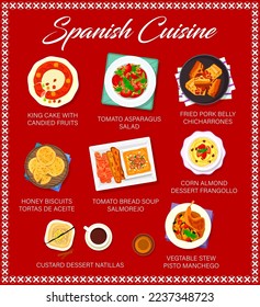 Spanish cuisine restaurant menu page. King cake, tomato asparagus salad and pork belly Chicharrones, corn almond dessert, biscuits Tortas de Aceite and soup Salmorejo, dessert Natillas, Pisto Manchego