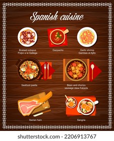 Spanish cuisine restaurant menu template. Braised octopus Pulpo a la Gallega, gazpacho and garlic shrimp Gambas al Ajillo, seafood paella, bean and chorizo sausage stew Fabada and Iberian ham, Sangria