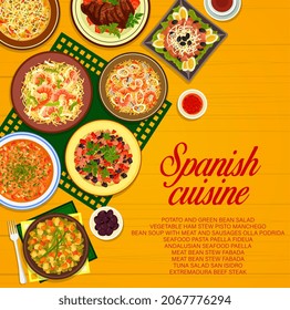 Spanish cuisine restaurant vector menu cover with meat and seafood meal, fish and vegetable salads. Paella dishes with rice and pasta, extremadura beef steak, bean soup and stew with ham and sausages