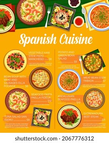 Spanish cuisine restaurant vector menu of meat and vegetable food, rice and pasta seafood paella and fish salad dishes. Bean sausage soup, extremadura beef steak and vegetable ham stew