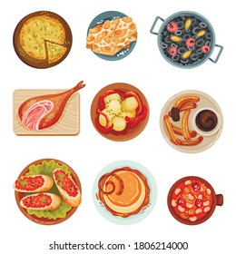 Spanish Cuisine with Rice and Meat Dishes Served on Plates Vector Set