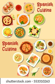 Spanish cuisine seafood dishes icon set with shrimp, tomato, bean sausage and garlic soups, seafood noodles, onion and fish tapas, grilled vegetables and fish, potato bean and fish salads, bean stew