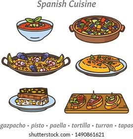 Spanish cuisine, set of vector outline icons