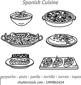 Spanish cuisine, set of vector outline icons