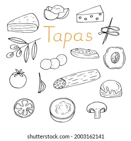 Spanish cuisine tapas set, vector illustration, doodle hand drawn