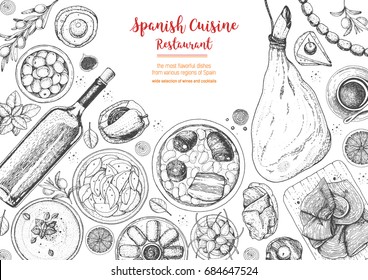 Spanish cuisine top view frame. A set of spanish dishes with jamon, patatas bravas, fabada, gaspacho, tapas. Food menu design template. Vintage hand drawn sketch vector illustration. Engraved image