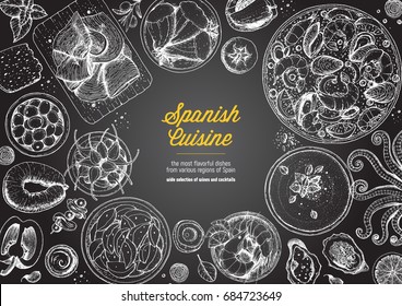 Spanish cuisine top view frame. A set of spanish dishes with paella, gaspacho, patatas bravas, hamon, tapas . Food menu design template. Vintage hand drawn sketch vector illustration. Engraved image