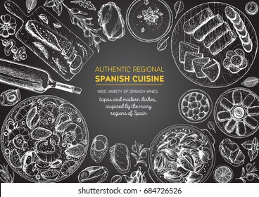 El marco de la cocina española. Un conjunto de platos españoles con croquetas, bocadillo, paella, gazpacho, tapas. Plantilla de diseño de menú de comida. Dibujo vintage dibujado a mano ilustración vectorial. Imagen grabada