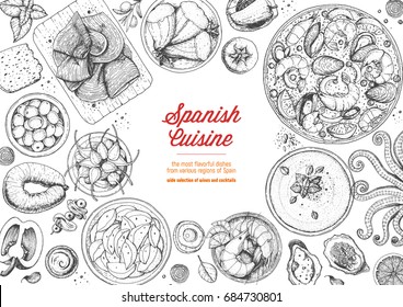 Spanish cuisine top view frame  A set spanish dishes and paella  gaspacho  patatas bravas  hamon  tapas   Food menu design template  Vintage hand drawn sketch vector illustration  Engraved image