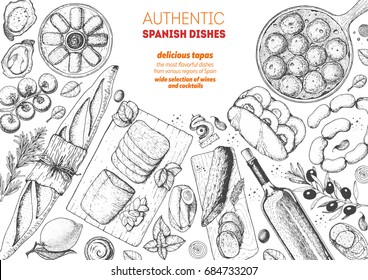 Spanish cuisine top view frame. A set of spanish dishes with albondigas, mojama, bocadillo, spanish croquetas. Food menu design template. Vintage hand drawn sketch vector illustration. Engraved image