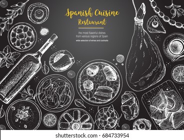 Spanish cuisine top view frame. A set of spanish dishes with jamon, patatas bravas, fabada, gaspacho, tapas . Food menu design template. Vintage hand drawn sketch vector illustration. Engraved image