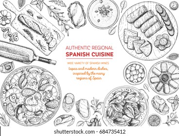 Spanish cuisine top view frame  A set spanish dishes and croquetas  bocadillo  paella  gaspacho  tapas  Food menu design template  Vintage hand drawn sketch vector illustration  Engraved image