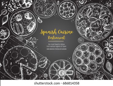 Spanish cuisine top view frame. A set of spanish dishes with albondigas, tortilla, fabada, paella, croquetas. Food menu design template. Vintage hand drawn sketch vector illustration. Engraved image