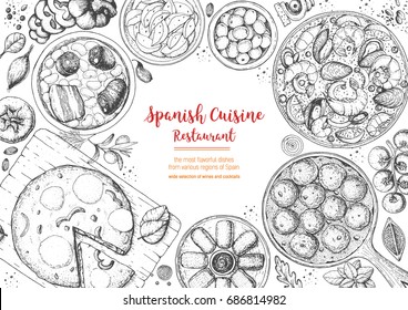 El marco de la cocina española. Un conjunto de platos españoles con albongas, tortilla, fabada, paella, croquetas. Plantilla de diseño de menú de comida. Dibujo vintage dibujado a mano ilustración vectorial. Imagen grabada