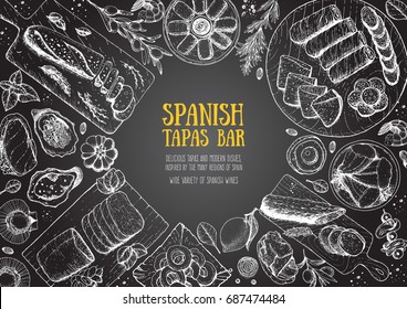 Spanish cuisine top view frame. A set of spanish dishes with mojama, hamon, tapas, croquetas . Food menu design template. Vintage hand drawn sketch vector illustration. Engraved image