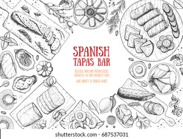 Spanish cuisine top view frame. A set of spanish dishes with mojama, hamon, tapas, croquetas . Food menu design template. Vintage hand drawn sketch vector illustration. Engraved image