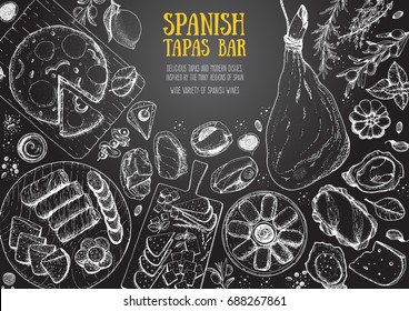 Spanish cuisine top view frame. A set of spanish dishes with hamon, tortilla, croquettes, tapas, sausages . Food menu design template. Vintage hand drawn sketch vector illustration. Engraved image