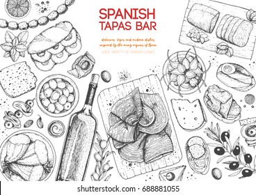 Spanish cuisine top view frame. A set of spanish dishes with hamon, tapas, bocadillo, mojama, sausages, snack . Food menu design template. Vintage hand drawn sketch vector illustration. Engraved image
