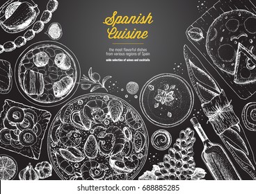 Spanish cuisine top view frame. A set of spanish dishes with paella, gazpacho, tortilla, tapas, sausages, snack. Food menu design template. Vintage hand drawn sketch vector illustration.Engraved image