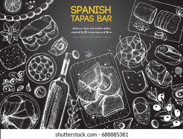 Spanish cuisine top view frame. A set of spanish dishes with hamon, tapas, bocadillo, mojama, sausages, snack . Food menu design template. Vintage hand drawn sketch vector illustration. Engraved image