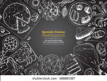 Spanish cuisine top view frame. A set of spanish dishes with tortilla, hamon, tapas, fabada, patatas bravas . Food menu design template. Vintage hand drawn sketch vector illustration. Engraved image