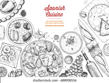 El marco de la cocina española. Una selección de platos españoles con paella, gazpacho, tortilla, tapas, salchichas, bocadillos. Plantilla de diseño de menú de comida. Dibujo vintage dibujado a mano ilustración vectorial.Imagen grabada