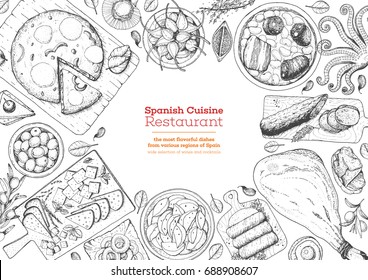 Spanish cuisine top view frame. A set of spanish dishes with tortilla, hamon, tapas, fabada, patatas bravas . Food menu design template. Vintage hand drawn sketch vector illustration. Engraved image