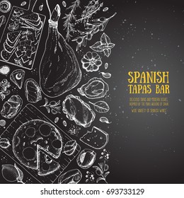 Spanish cuisine top view frame. A set of spanish dishes with hamon, tortilla, tapas, cheese . Food menu design template. Vintage hand drawn sketch vector illustration. Engraved image