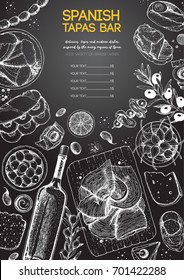 Spanish cuisine top view frame. A set of spanish dishes with hamon, tapas, bocadillo, sausages, snack . Food menu design template. Vintage hand drawn sketch vector illustration. Engraved image