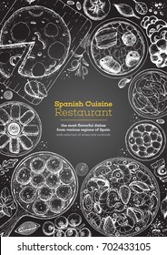 Spanish cuisine top view frame. A set of spanish dishes with albondigas, tortilla, fabada, paella, croquetas. Food menu design template. Vintage hand drawn sketch vector illustration. Engraved image
