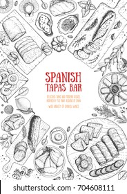 Spanish cuisine top view frame. A set of spanish dishes with mojama, hamon, tapas, croquetas . Food menu design template. Vintage hand drawn sketch vector illustration. Engraved image