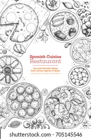 Spanish cuisine top view frame. A set of spanish dishes with albondigas, tortilla, fabada, paella, croquetas. Food menu design template. Vintage hand drawn sketch vector illustration. Engraved image