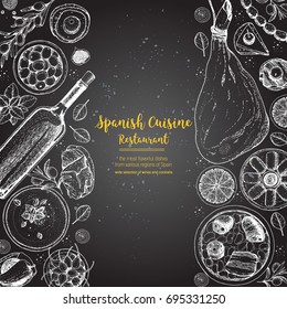 Spanish cuisine top view. A set of spanish dishes with jamon, fabada, gaspacho, tapas. Food menu design template. Vintage hand drawn sketch vector illustration. Engraved image